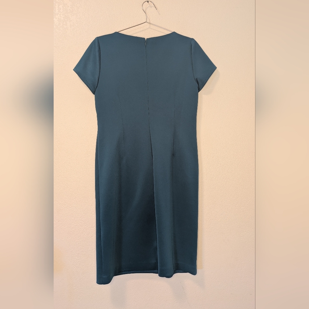 Shelby And Palmer Classic Teal Sheath Dress with Floral Accent - Picture 2 of 7